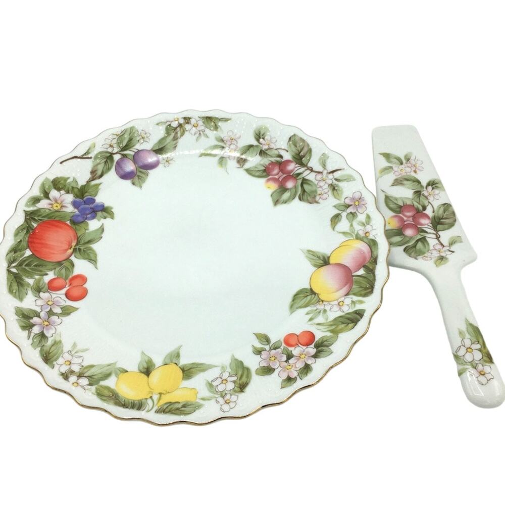 VTG ANDREA by SADEK Fruit & Blossom 10" Cake Plate Service Set Gold trim  JAPAN